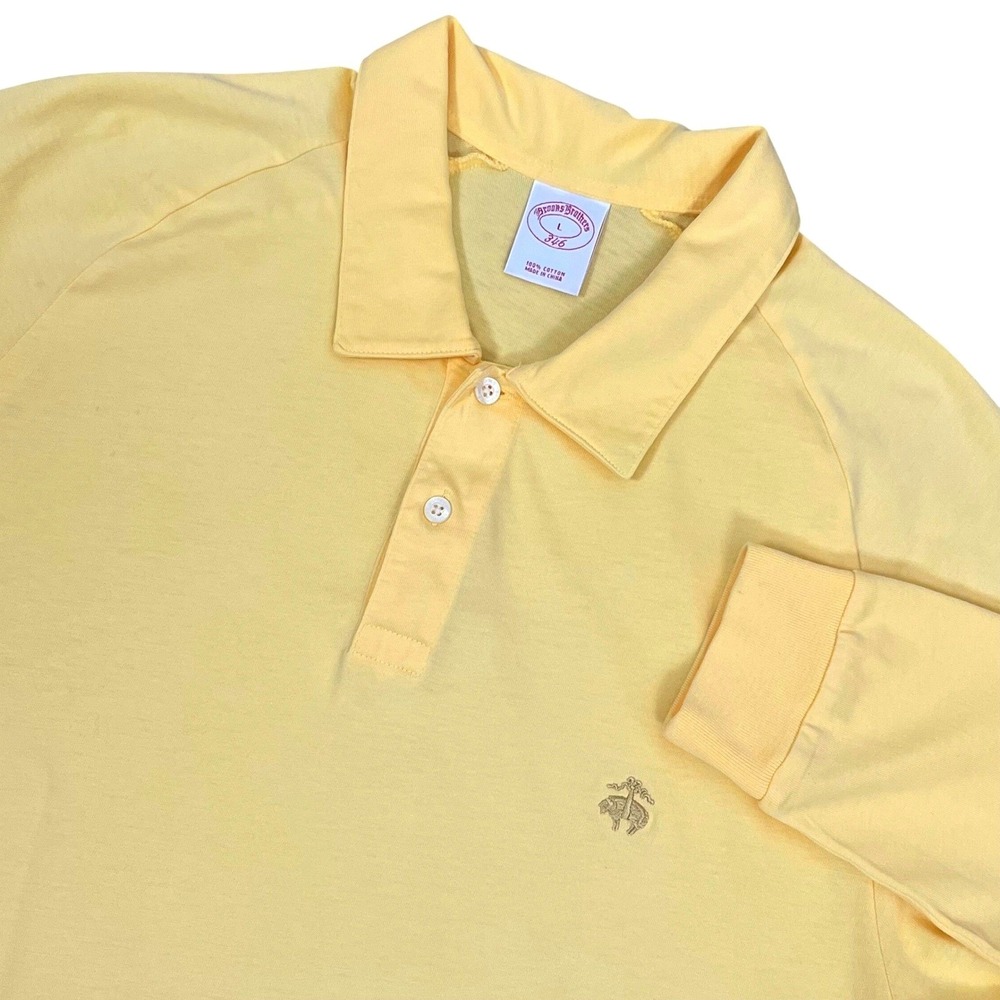 Brooks Brothers 346 Mens Long Sleeve Polo Shirt L Yellow Cotton Raglan Logo